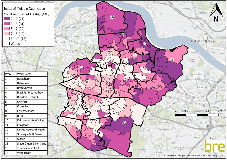 Map showing Distribution of deprivation in Bexley (2019)