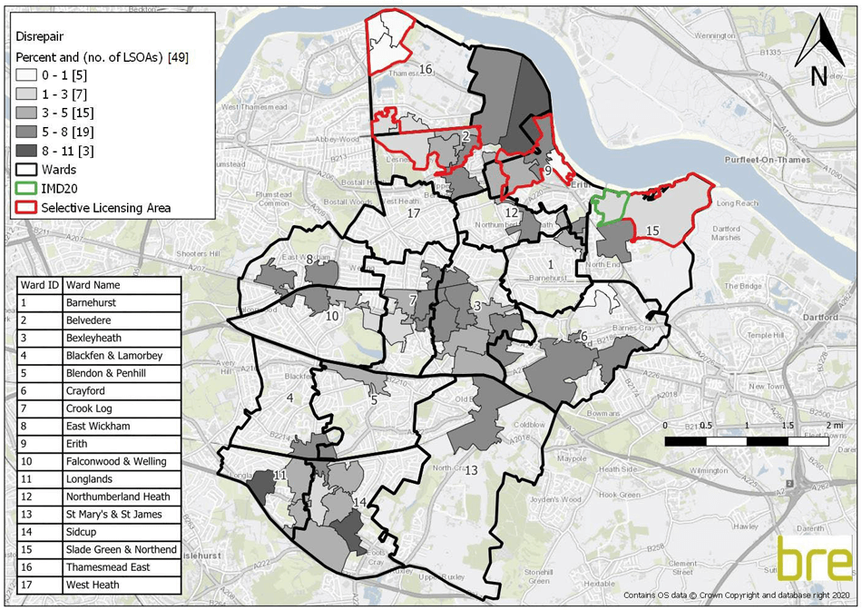 Map showing the distribution of dwellings in disrepair where the proportion of private rented stock is above the national average