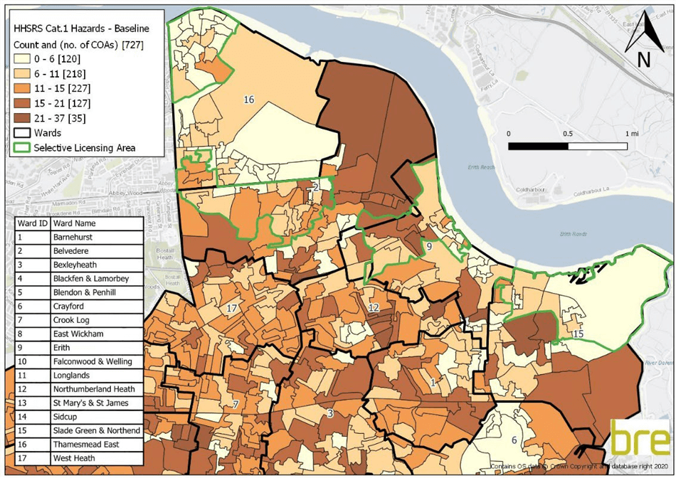 Map showing distribution of estimated percentage of dwellings with HHSRS category 1 hazards before mitigation work, private rented sector