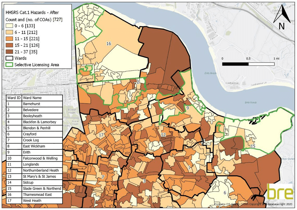 Distribution of estimated percentage of dwellings with HHSRS category 1 hazards after mitigation work, private rented sector