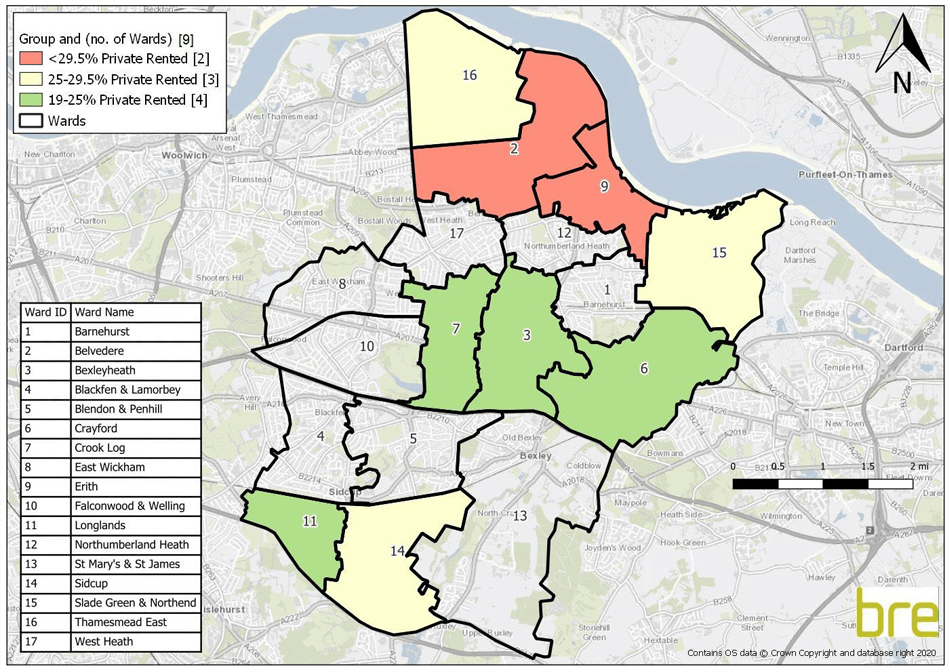 Map showing location of the three analysis groups with proportions of private rented stock which are greater than the national average (19%)