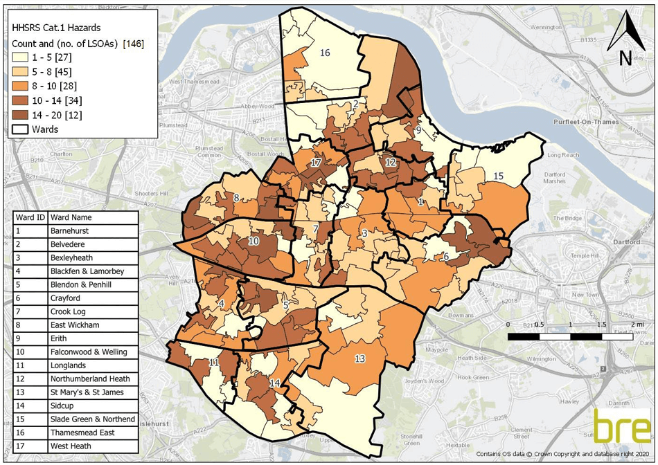 Map showing percentage of private rented sector dwellings in Bexley with the presence of a HHSRS category 1 hazard