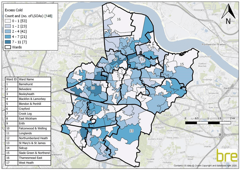 Map showing percentage of private rented sector dwellings in Bexley with the presence of an HHSRS category 1 hazard for excess cold