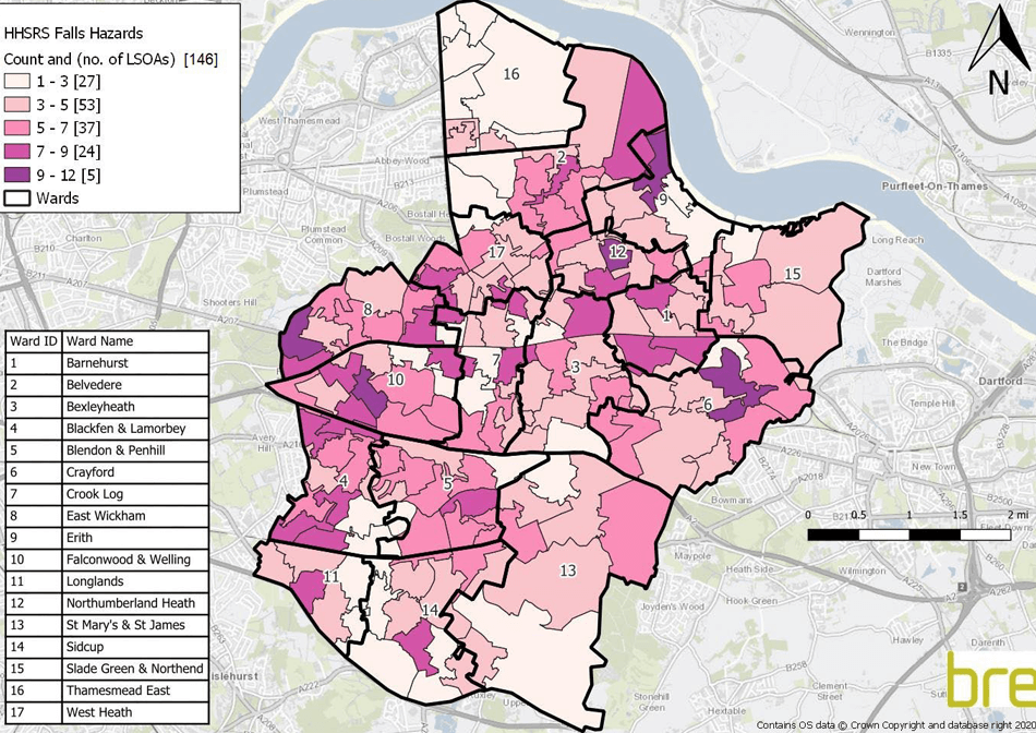 Map showing percentage of private rented sector dwellings in Bexley with the presence of a HHSRS category 1 hazard for falls