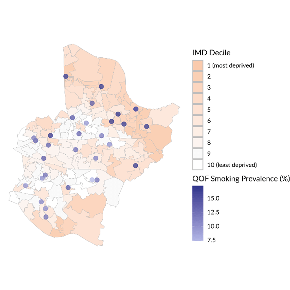 Percentage of recorded people who smoke by GP surgery against areas of relative deprivation in Bexley (IMD, QOF)