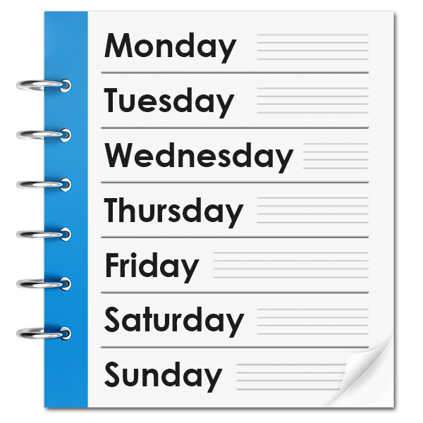A notebook with the days of the week