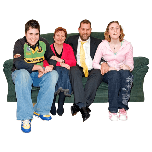 A group of people sitting on a sofa