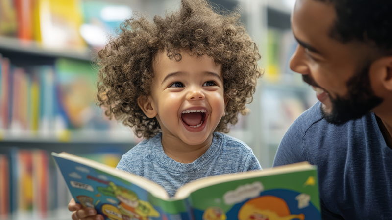 Happy child reading book with father