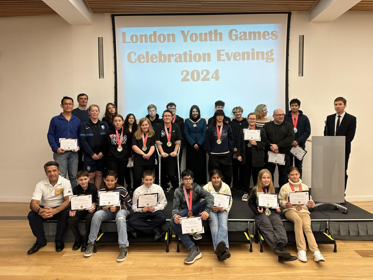 The Mayor of Bexley, Cllr Sue Gower MBE JP, Bexley Sport & Leisure Team with Team Bexley from the London Youth Games