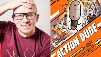 Image of author Andy Riley and front cover of his book Action Dude